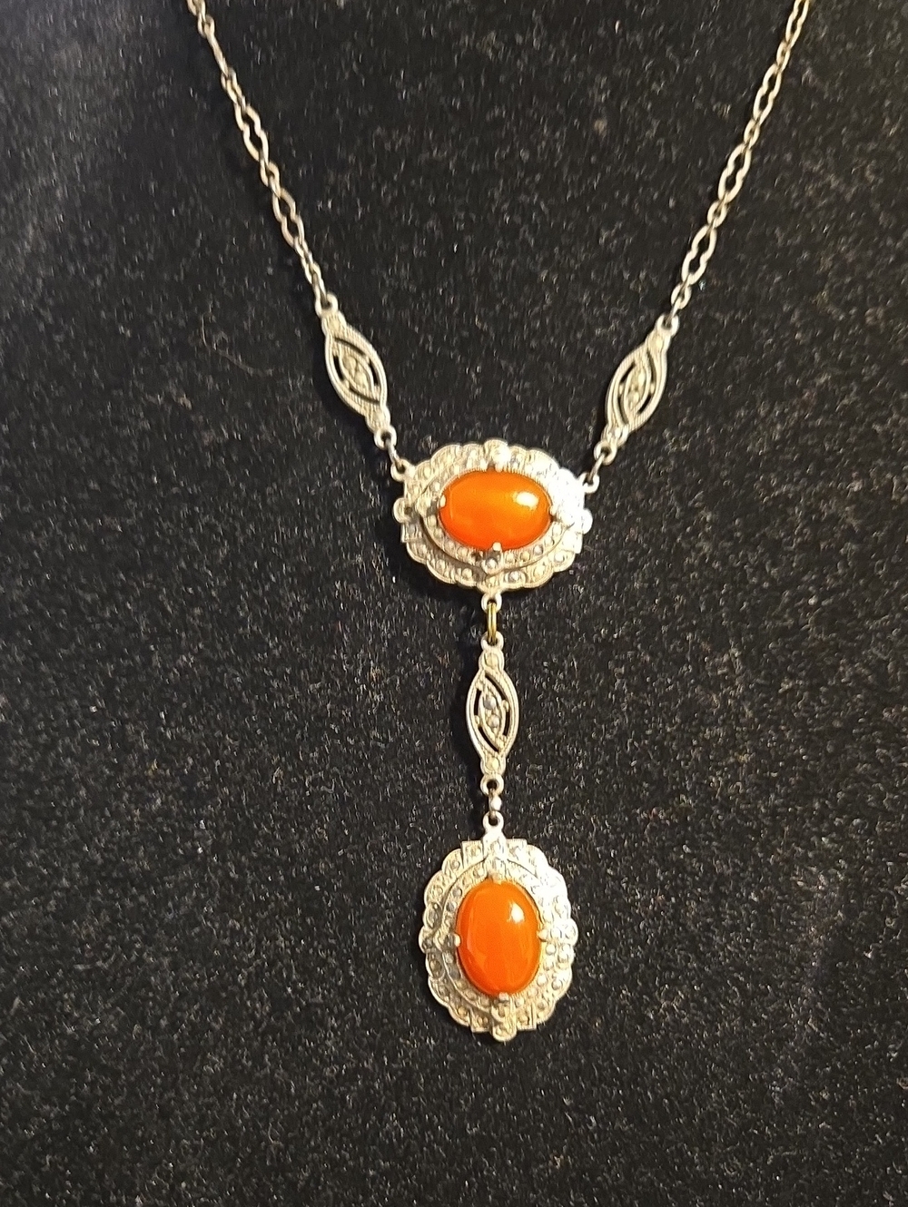 Title:Antique Art Deco Sterling Carnelian & Marcasite Lavalier Drop Choker